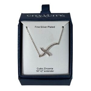City by City Fine Silver Plated Cubic Zirconia Sideways Cross Necklace 16+2in